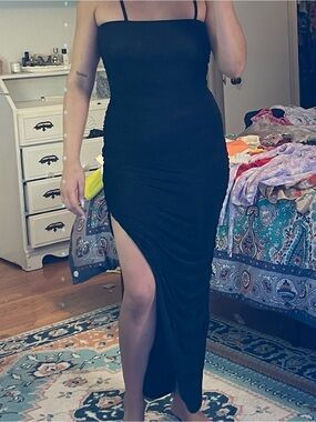 Women's Black Spaghetti-Strap Side-Slit Maxi Dress